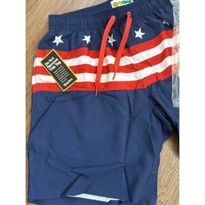 Tipsy Elves Mens "Old Glory" Stretch Swim Trunks Shorts w/ Beverage Float - Med